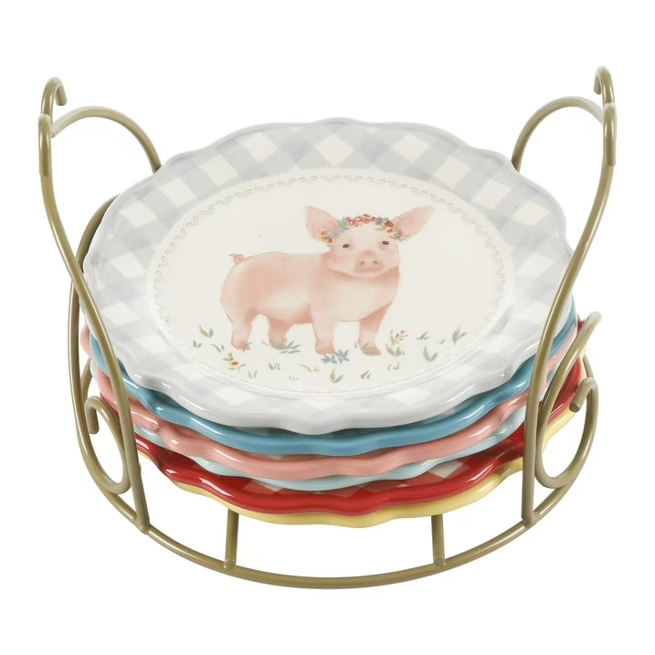 CERAMIC 7in Plates with Metal Rack 7-Piece Decorative Table Set