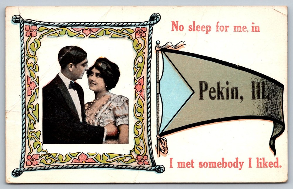 Vintage 1915 Pekin Illinois Romantic Couple Postcard with Flag Design