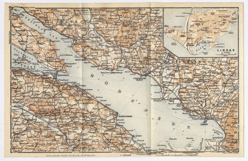 1922 Vintage Map Of Lake Constance Bodensee Lindau / Germany Switzerland Austria