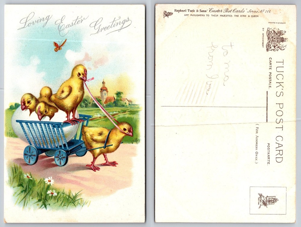 Raphael Tuck Easter Postcard Chicks Pulling Cart Egg Series 111 Saxony c1910