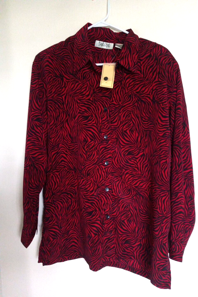 SELENE Sport Womens XL Red Black Button Up Blouse Long Sleeve New