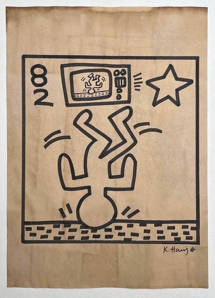 Keith Haring (Handmade) Drawing On old Paper Signed & Stamped, Vtg Art