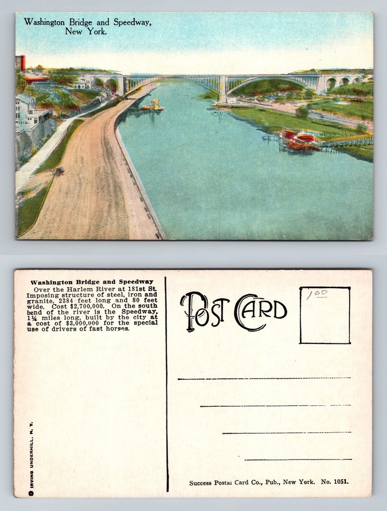 New York City NY, Washington Bridge & Speedway River Scene Vintage Postcard