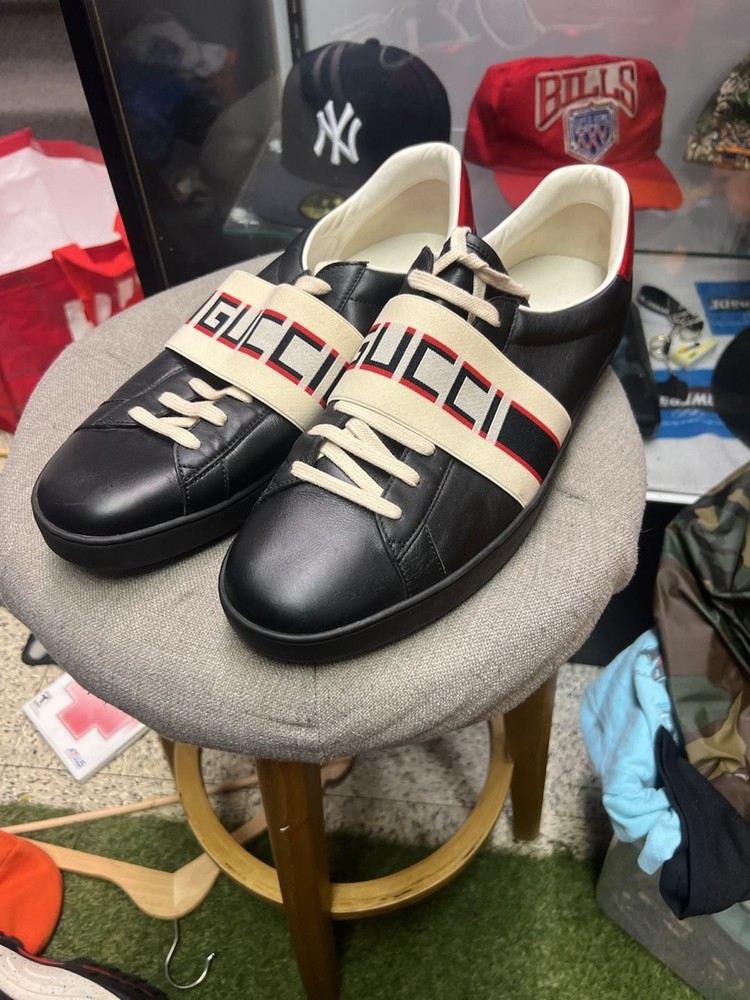 Gucci Ace Stripe Black Leather Elastic Logo Band Sneakers