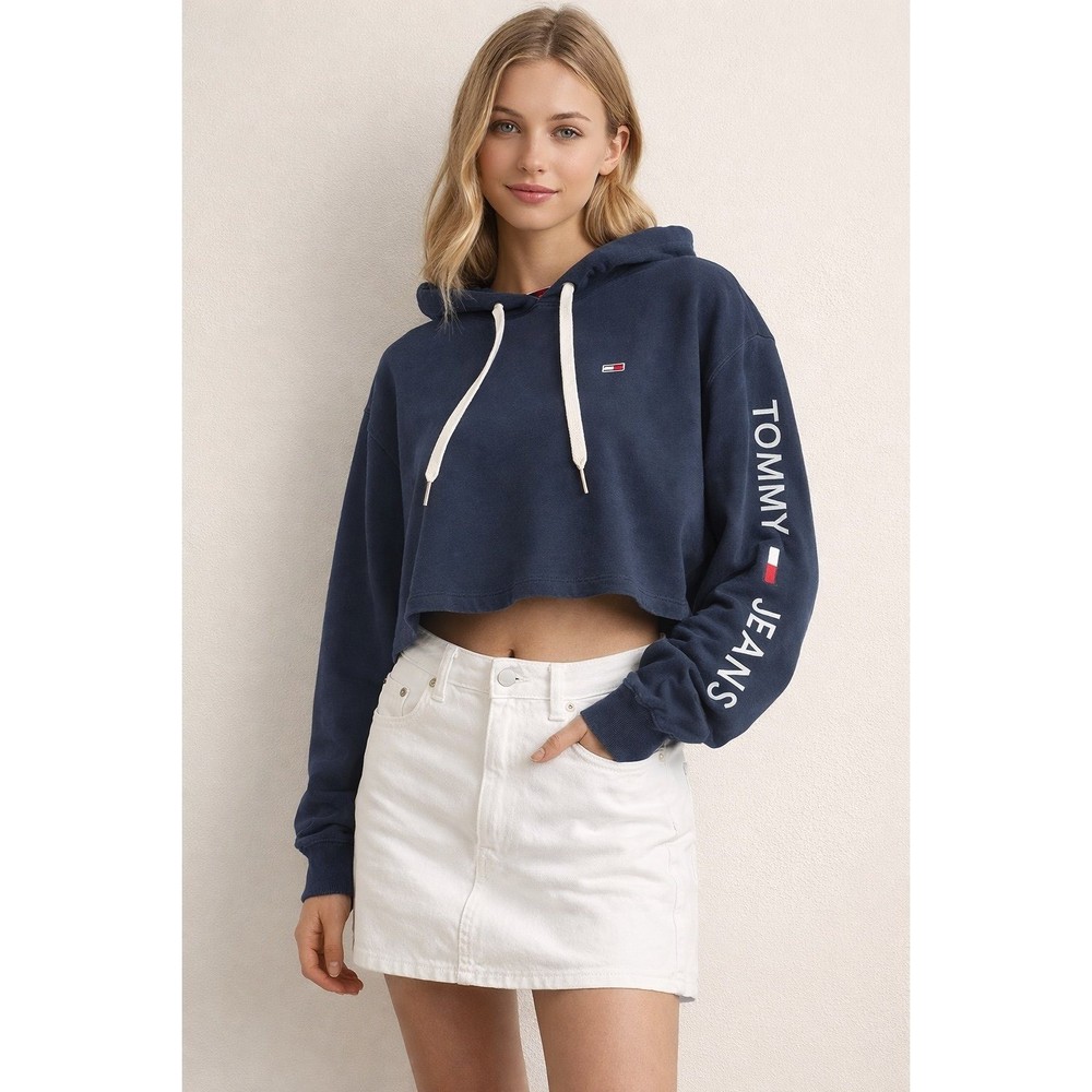 Tommy Hilfiger Navy Cropped Hoodie (Large) Over size Baggy Crop Hoodie