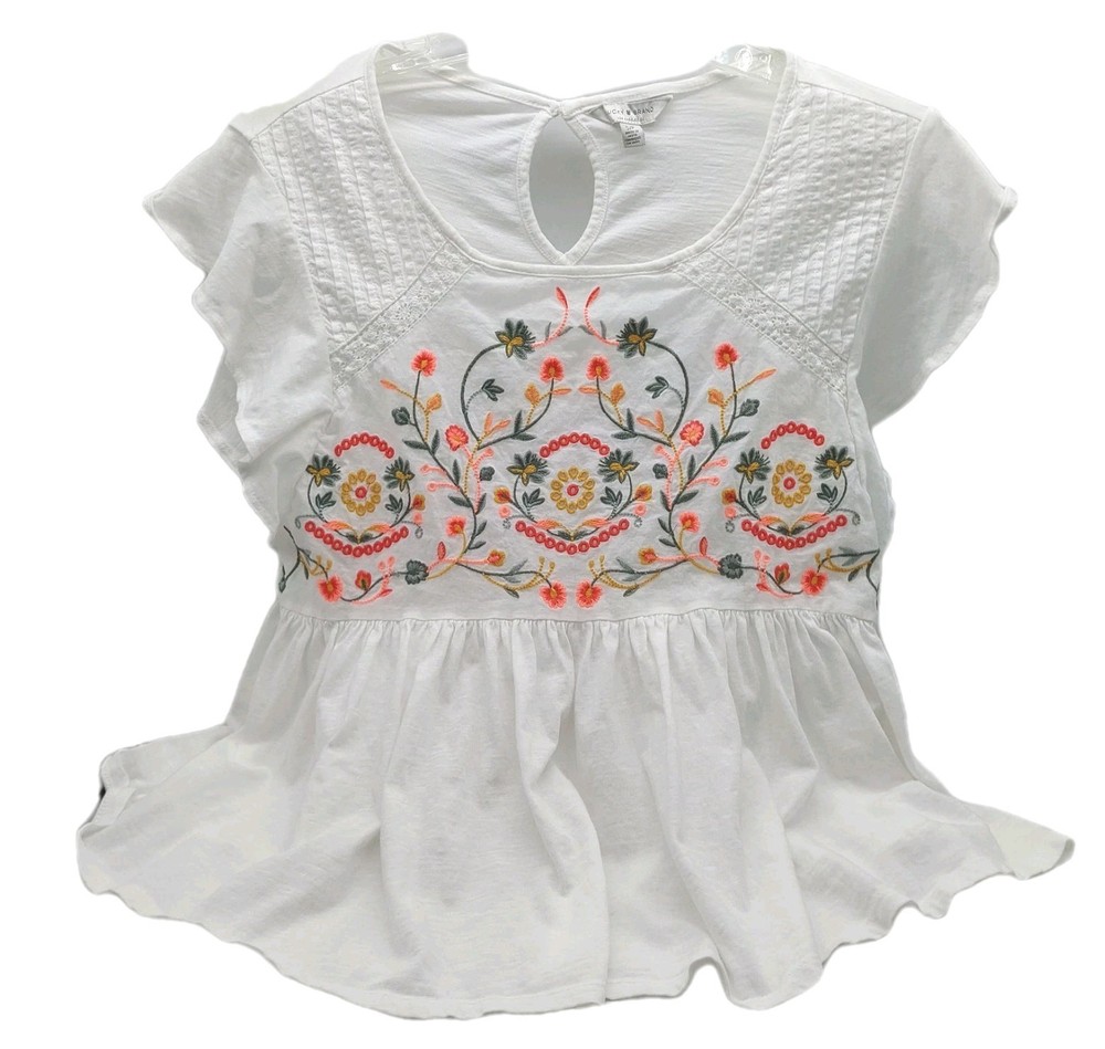 Lucky Brand Womens Shirt Size Small White Embroidered Flutter Sleeve
