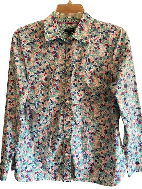 Talbots Shirt Womens SP Small Petite Blue Pink Floral Cotton Button Front LS