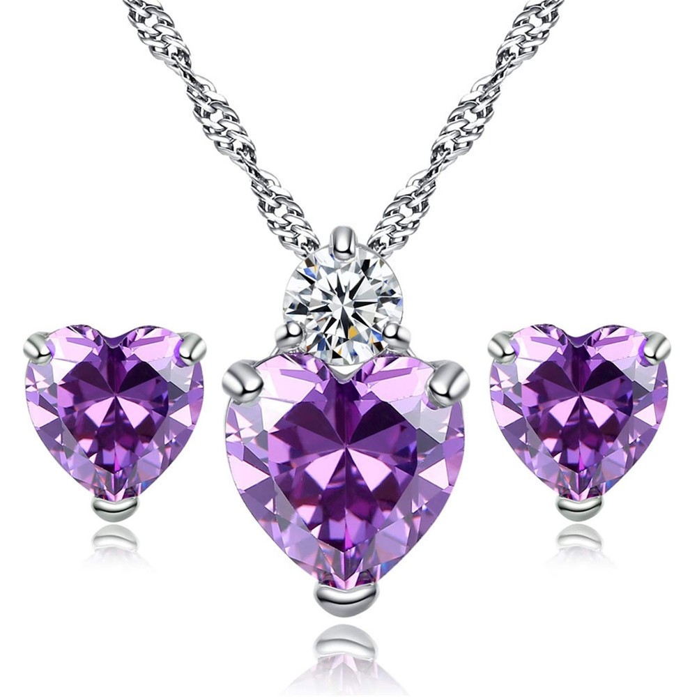 Heart Solitaire Necklace and Stud Earrings Set, Love Heart Necklaces and Earr...