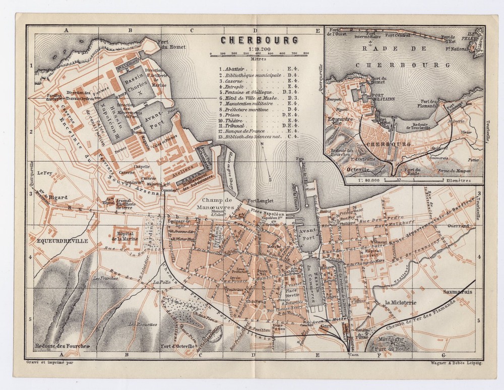1909 Original Antique City Map Of Cherbourg / Normandy Normandie / France