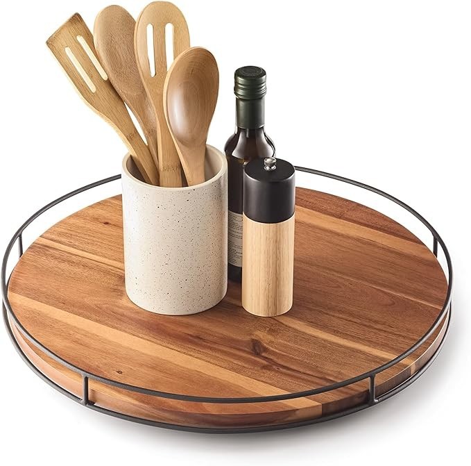 Acacia Wood Rotating Lazy Susan Serving Tray with Sturdy Metal Frame-image
