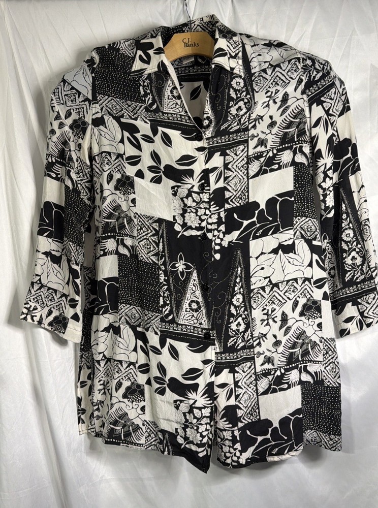 Diane Gilman 100% Silk Tunic Blouse Black/White Block Floral Design Size Large