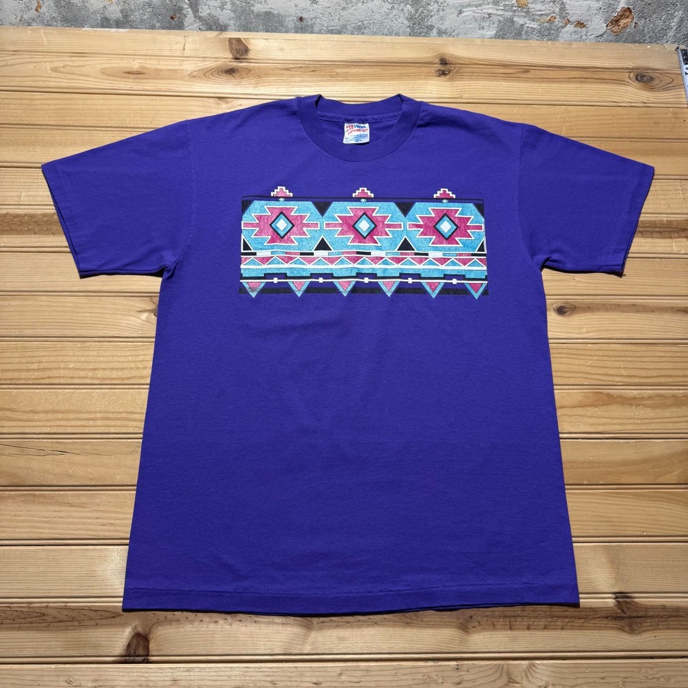 Vintage 90s Hanes Southwest Aztec Tribal Geometric Graphic T-Shirt USA - Large