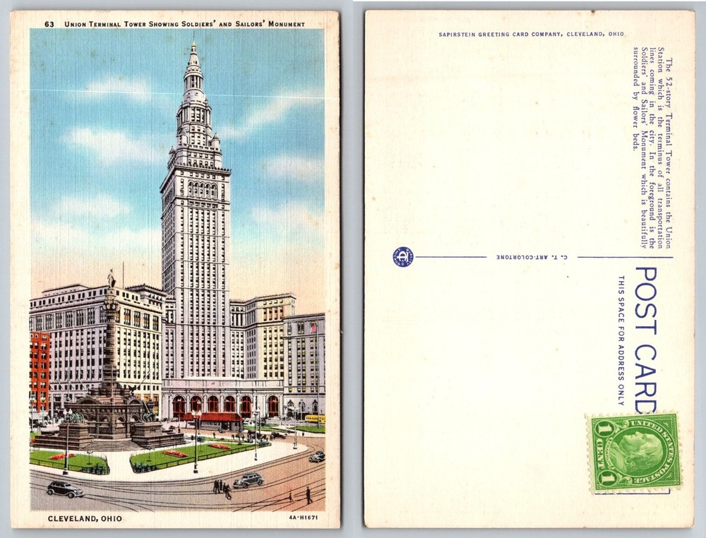 Cleveland OH Union Terminal Tower Soldiers & Sailors Monument Postcard C.T
