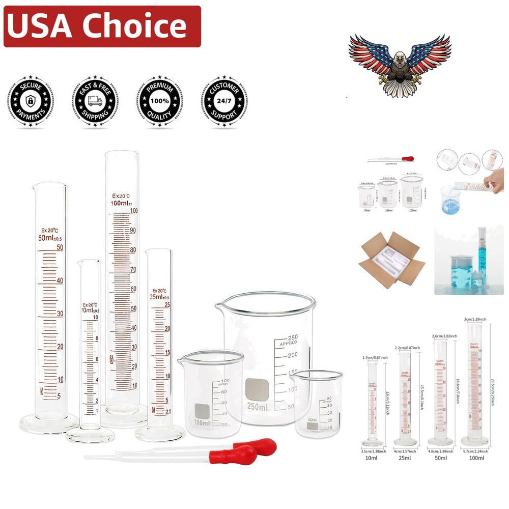 Set of Borosilicate Glass Graduated Cylinders and Beakers with Glass Droppers