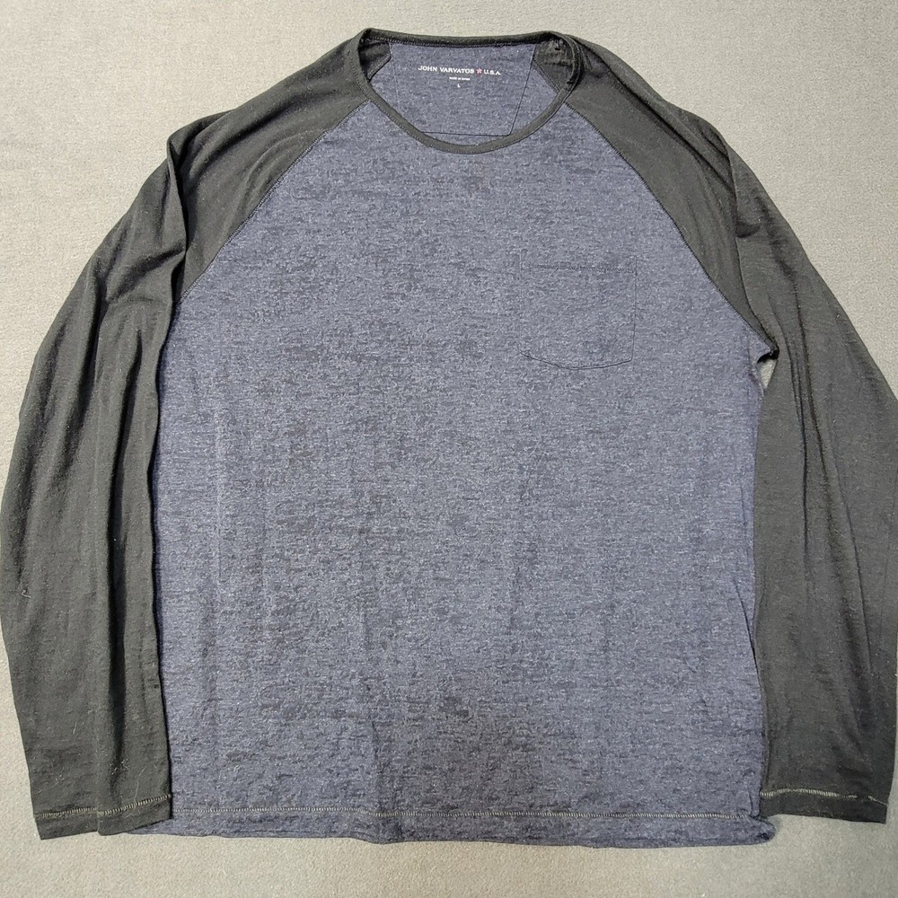 John Varvatos USA Raglan Shirt Mens Large Blue Black Long Sleeve Pocket Tee Slub