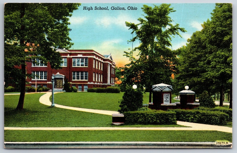 Galion Ohio~High School Bldg Exterior View~American Art~Vintage Linen Postcard