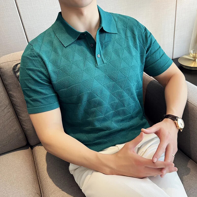 Men's Shirt Ice Silk Thin Knitted Jacquard Short Sleeve Flip Collar T-shirt