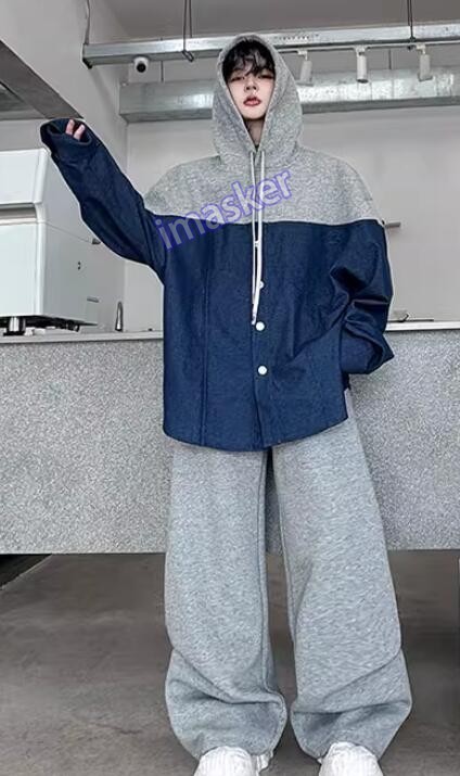 Casual Men's Hooded Long Sleeve Denim Shirt Jacket Trousers Wide-leg Pants 2pcs