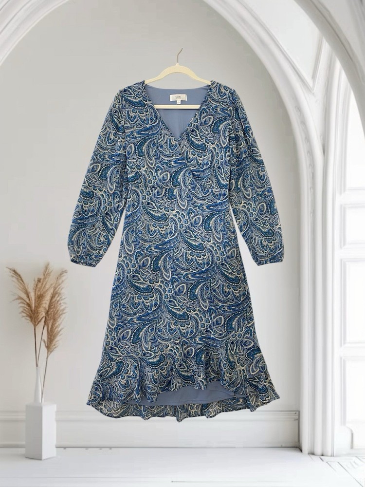 Lucky Brand Women’s Paisley Midi Dress Size Small V Neck Ruffle Hem Boho Chic