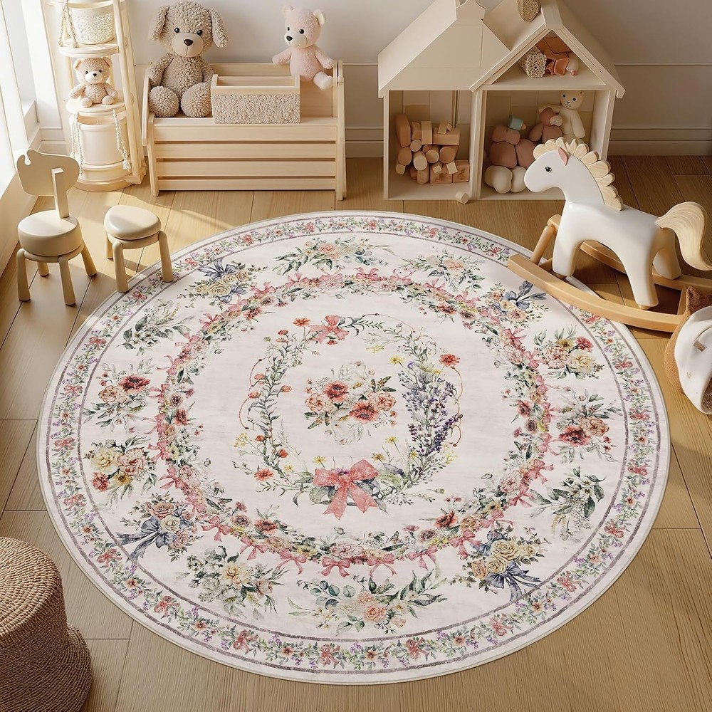 Boho Round Rug 5FT, Floral Circle Area Rug, Washable, Boho Bedroom Nursery