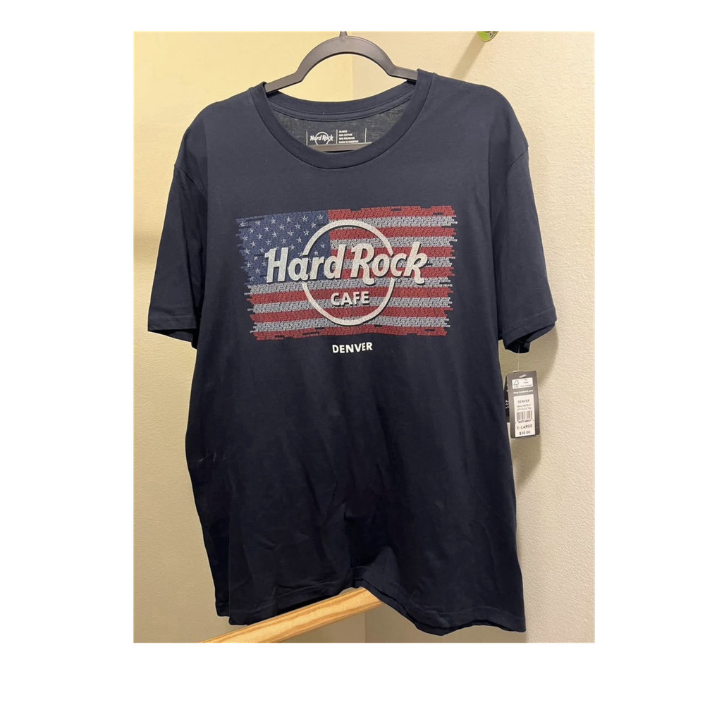 NWT Hard Rock Cafe Denver American Flag Graphic T-Shirt Navy Blue XL Men