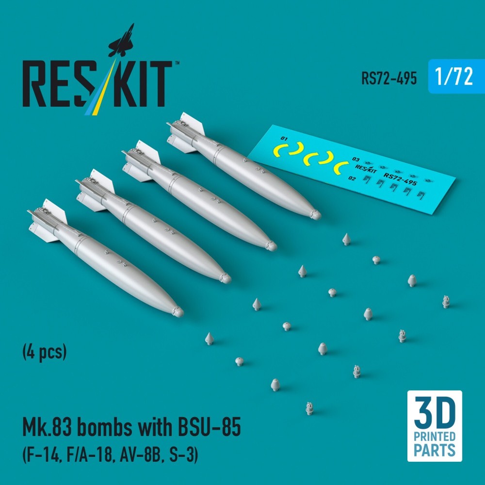 Mk.83 Bombs with BSU-85 Tail Fins for F-14 F/A-18 AV-8B S-3 in 1:72 Scale by ResKit RS72-0495