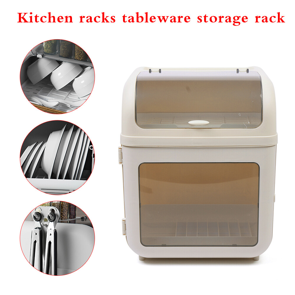 Covered Kitchen Dish Drying Rack Plastic Dustproof Drain Storage Box Utensil PP
