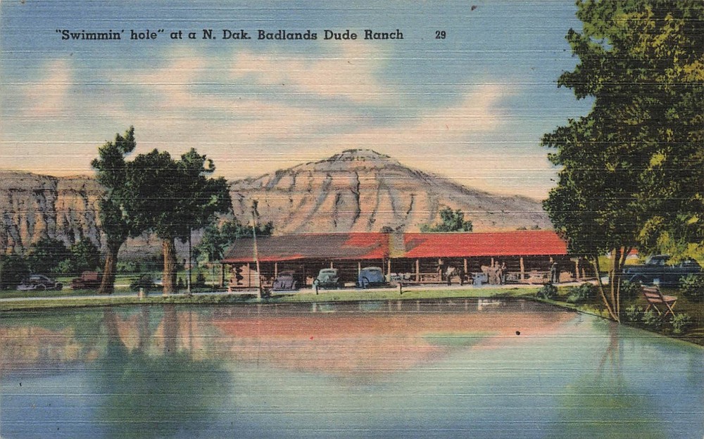 ND BADLANDS NATIONAL PARK SWIMMING HOLE DUDE RANCH 1940s LINEN POSTCARD 051126