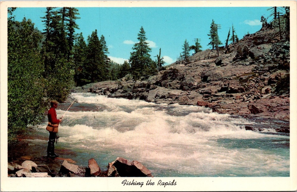 Man Fishing in Rapids River Rocky Landscape Postcard