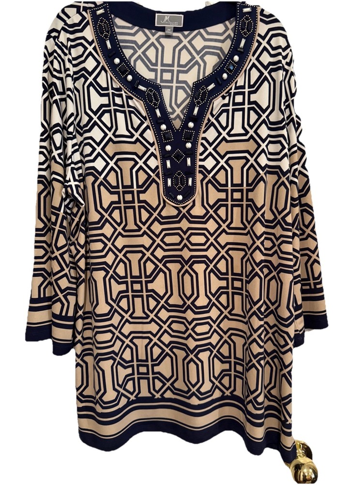 JM Collection Tunic Top Womens 2X 3/4 Sleeve Stretch Blouse Plus Size Geometric