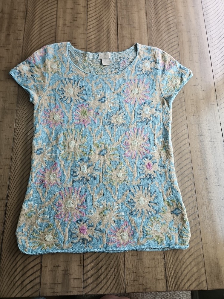 VTG Sigrid Olsen Top S Pink Blue Knitted Floral Linen Cotton Coastal Cottage