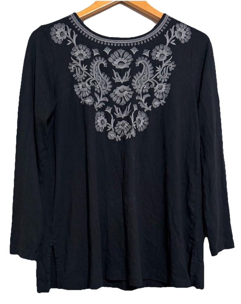 J. Jill Women’s M Tunic Shirt Black Embroidered Floral Long Sleeve Boho Peasant