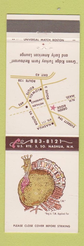 Matchbook Cover - Green Ridge Turkey Farm Restaurant South Nashua NH