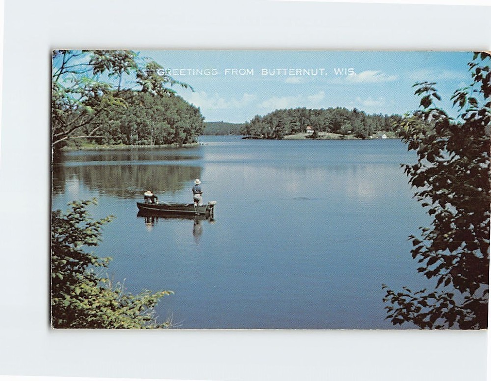 Postcard Two Man Fishing Greetings from Butternut Wisconsin USA