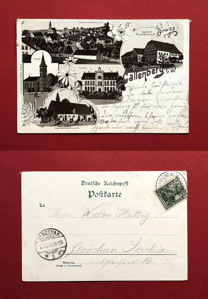 Litho Postcard Callenberg 1900 Gasthof Plauscher Hof, School, Church (61600