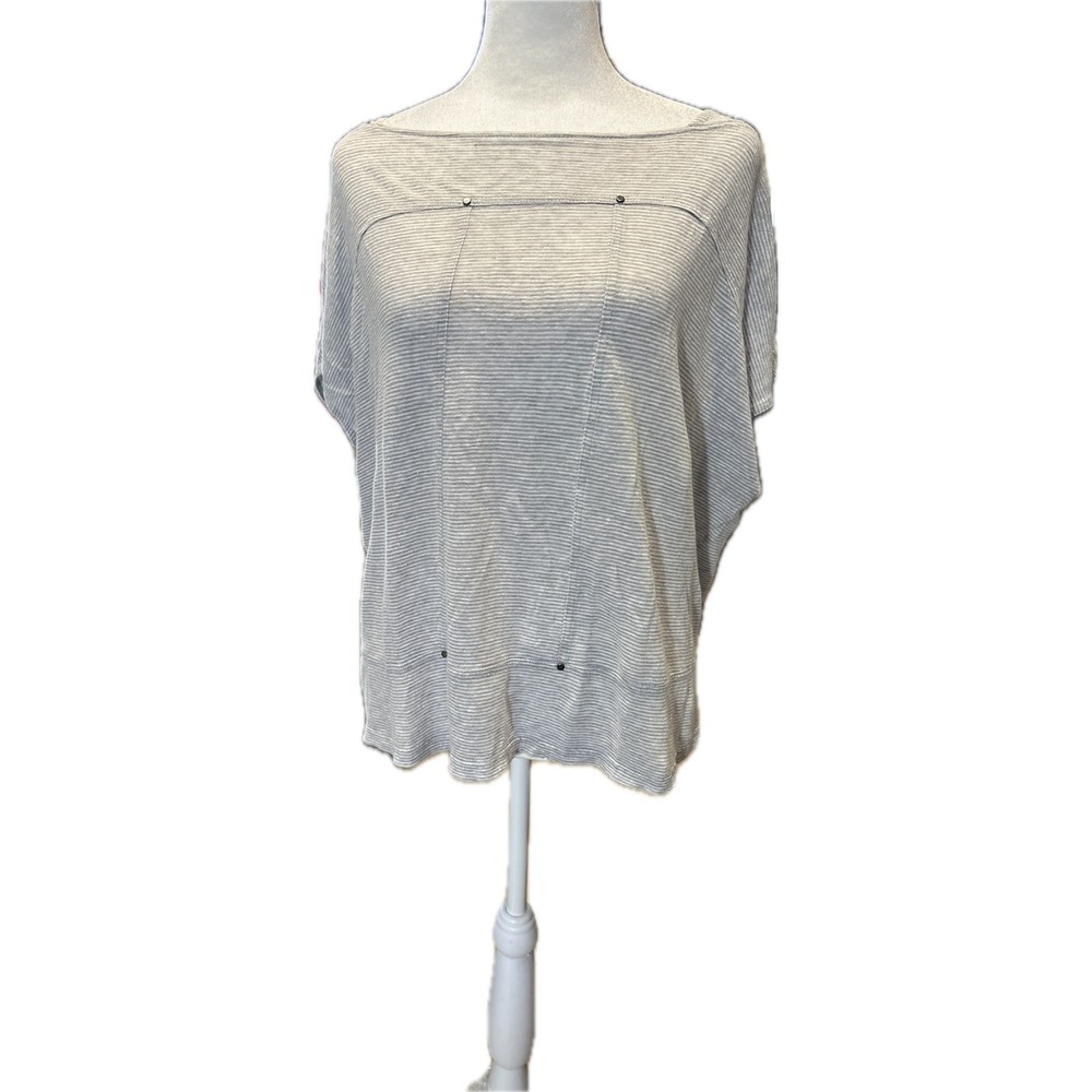 Eileen Fisher Gray Striped Linen Top M Boxy Dolman Sleeve