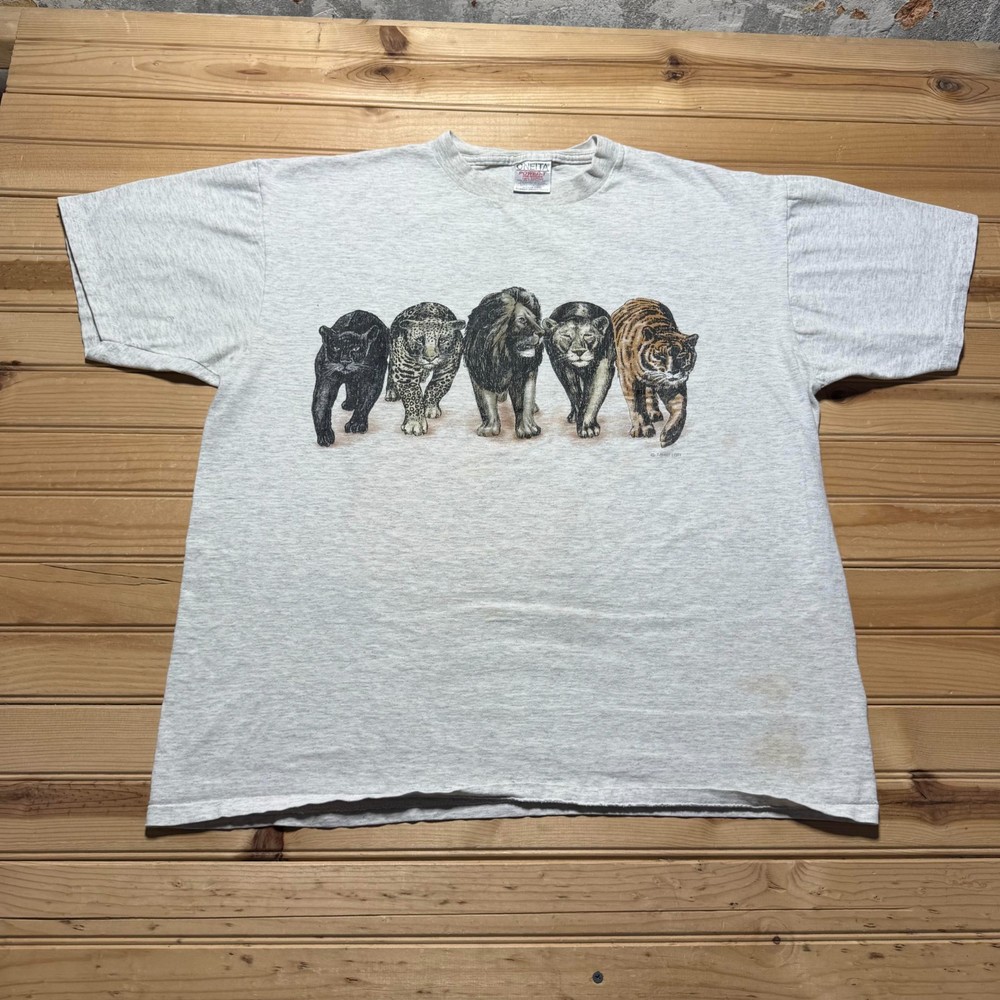Vintage 90s Big Cats Wildlife Animals Nature Double Sided Graphic T-Shirt USA XL