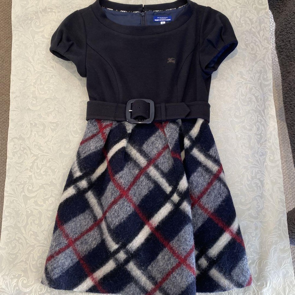 Burberry Blue Label Navy Red Check Wool Jumper Dress with Belt - New