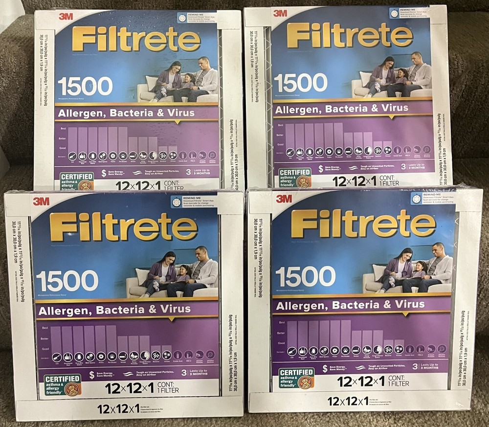 4x 3M Filtrete 12x12x1 Allergen Bacteria Virus HVAC Furnace Air Filter, 1500 MPR