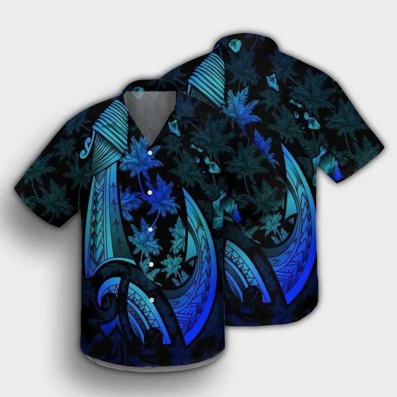Blue Hawaiian Shirt Men's Polynesian Tribal Aloha Beach Vacation