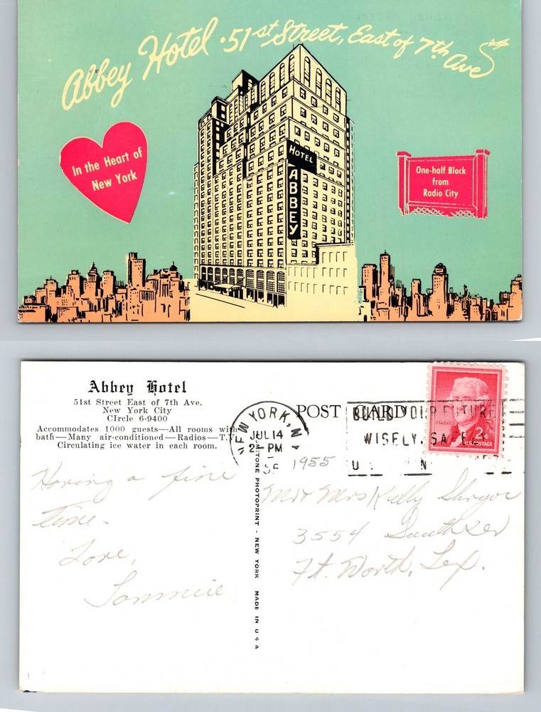 New York, NY-New York, Abbey Hotel 51st Street 7th Avenue Vintage c1955 Postcard