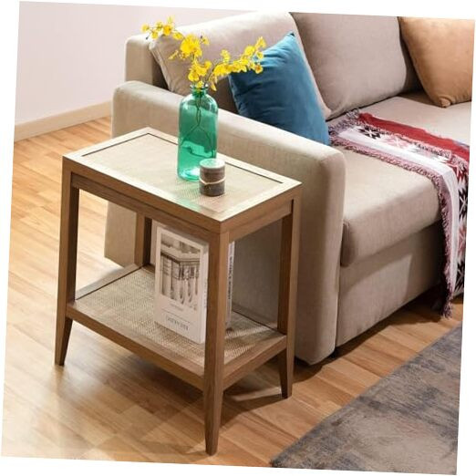 Boho Rattan Nightstand Bedside Table - Farmhouse 1 Piece Reclaimed Caramel Oak