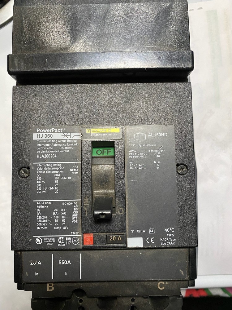 Square D HJA36020 20 A 600 V AC/DC Molded Case Circuit Breaker