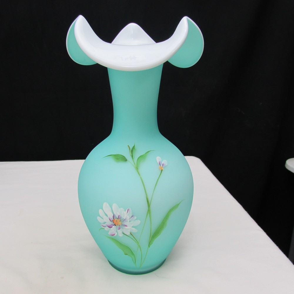 Fenton Robin's Egg Blue Overlay Floral Hand Painted Vase W1522