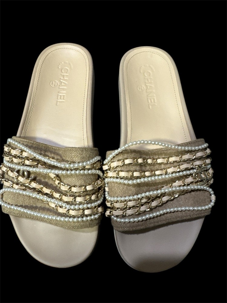 Chanel Chain and Pearl Embellished Slide Sandals