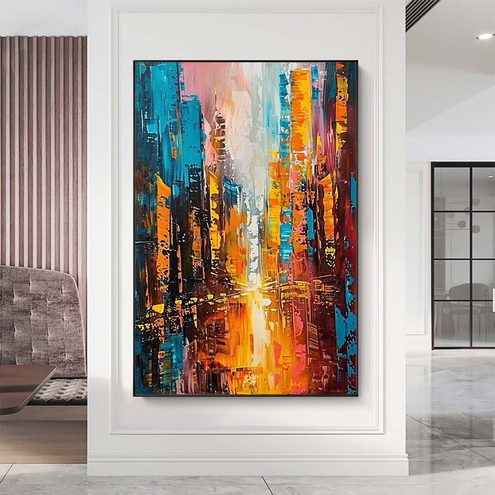 Hand-Painted Oil Painting Modern Reflection City Wall Art Abstract Blue Red