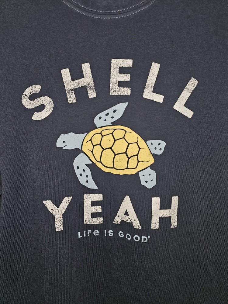 Life Is Good Shell Yeah Sea Turtle Mens Blue Graphic Logo Short Sleeve Tshirt