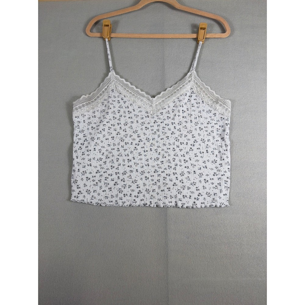 No Boundaries Floral Pointelle Lace Trim Camisole Top White Blue XXL 20