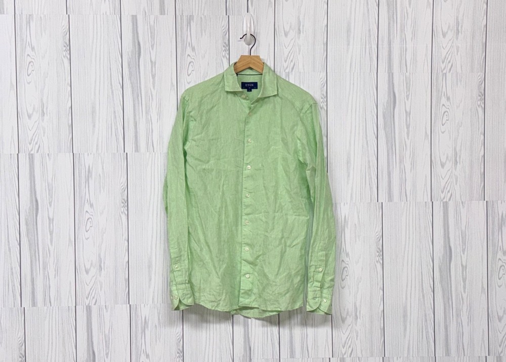 Eton shirt mens size medium button up long sleeve 100% linen slim green