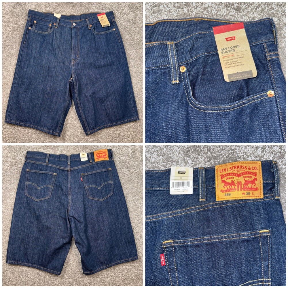 Levi's 469 Loose 5-Pocket Baggy Shorts Mens Denim Dark Wash Indigo Size 38 NEW